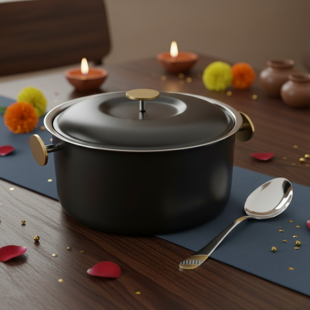 FnS Latina black stainless steel casserole with lid and 1 Imperio serving spoon, Available in 850ml, 1600ml, 2200ml, 3000ml