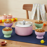 FNS Alwin Pink Finish Stainless Steel Casserole 850 ml with Lid  and Mellora Multi Color dessert bowl Set of 6 with Spoon Combo for Home Dining and Kitchen