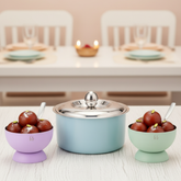 FNS Alwin Sky Blue Stainless Steel Casserole 850 ml with Lid  and Mellora Multi Color dessert bowl Set of 6 with Spoon Combo for Home Dining and Kitchen