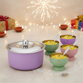 FNS Alwin Purple Finish Stainless Steel Casserole 850 ml with Lid  and Mellora Multi Color dessert bowl Set of 6 with Spoon Combo for Home Dining and Kitchen c