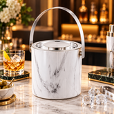 FnS Stainless Steel Ice Bucket with Lid - 1 Litre White Marble Finish