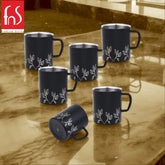 FnS Stainless Steel Coffee Mugs with laser engraving black finish, set of 6 mugs for stylish tea and coffee serving.