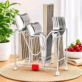 Montavo by FnS Pacific 24-pc stainless steel cutlery set with patterned handles, neatly arranged in a chrome metal stand.