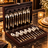 FnS Imperio 24 Karat Gold Plated 24 Pc Cutlery Set with Wooden Box