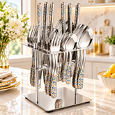 FnS Monho 24-Pc Plasma Laser Colour Steel Cutlery Set with Stand
