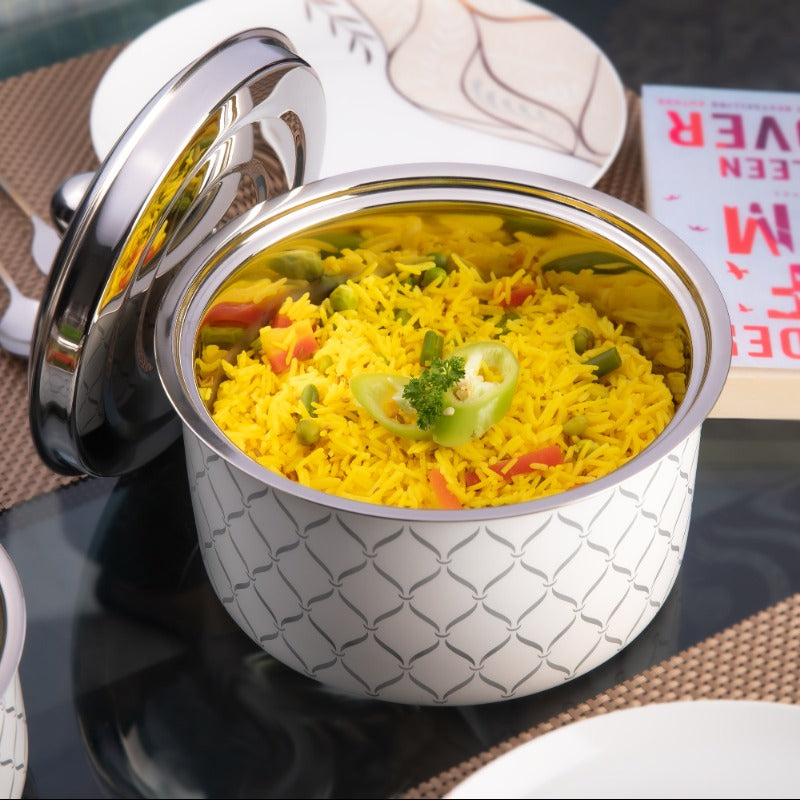 FNS Lecce Stainless Steel Casserole open with vegetable pulao on dining table, Available in 850ml, 1600ml, 2200ml & 3000ml
