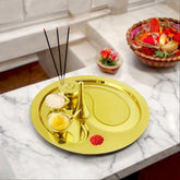 FnS Shubh Gold Finish Stainless Steel Pooja Thali Set with diya, bowls, bell and incense holder for daily rituals.