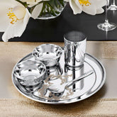 FnS Motif Laser Design Stainless Steel 5 Pcs Dinner Thali Set with plate, 2 bowls, glass and spoon for dining.