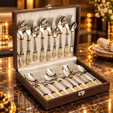 FnS Imperio 18 Pc 24 Karat Gold Plated Cutlery Set with Leatherette Box