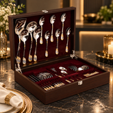 FnS Imperio Gold Plated 34 pcs Cutlery Set with Wooden Box Packaging