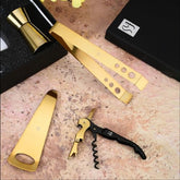 FnS 4 pcs Bar Tool Set in Gold Finish with Box Packaging -Home Bartending Kit with Ice Tong, Peg Measure, Bottle Opener, Corkscrew