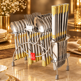 FnS August 24-Pc 24K Gold Plated Steel Cutlery Set With Stand