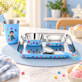 FnS Little Bites 5-Pc Stainless Steel Kids Dinner Thali Set Ice Cream Party Blue