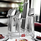 Polished silver cutlery arranged in a Montavo metal stand, styled on modern dining setup.