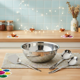 FnS Trinity Stainless Steel Serving Tools Set of 3 and NuChef Triply Tasla 20 cm Combo 3-Ply Cookware Pot with Gravy Ladle, Solid Turner & Skimmer Turner, Induction & Gas Compatible Kitchen Combo