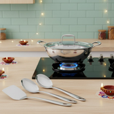 FnS Trinity serving tools set of 3 with NuChef 20, 22, 24, 26 and 28 cm triply kadai, gas and induction compatible cookware combo.