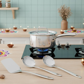 FnS Trinity Stainless Steel Serving Tools Set of 3 and NuChef Triply Sauce Pan 14 cm Combo 3-Ply Cookware Pot with Gravy Ladle, Solid Turner & Skimmer Turner, Induction & Gas Compatible Kitchen Combo