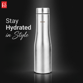 Montavo by FnS Purify Stainless Steel 1 Litre Water Bottle with a sleek brushed finish on a premium black background.