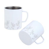 FnS Stainless Steel Coffee Mugs with Laser Engraving White (Set of 2), featuring a modern leaf pattern on a white background.
