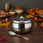 FNS Ebro White Finish Stainless Steel Casserole 1000 ml with Lid  and Venice 1 Pcs Serving Spoon Combo for Home Dining and Kitchen