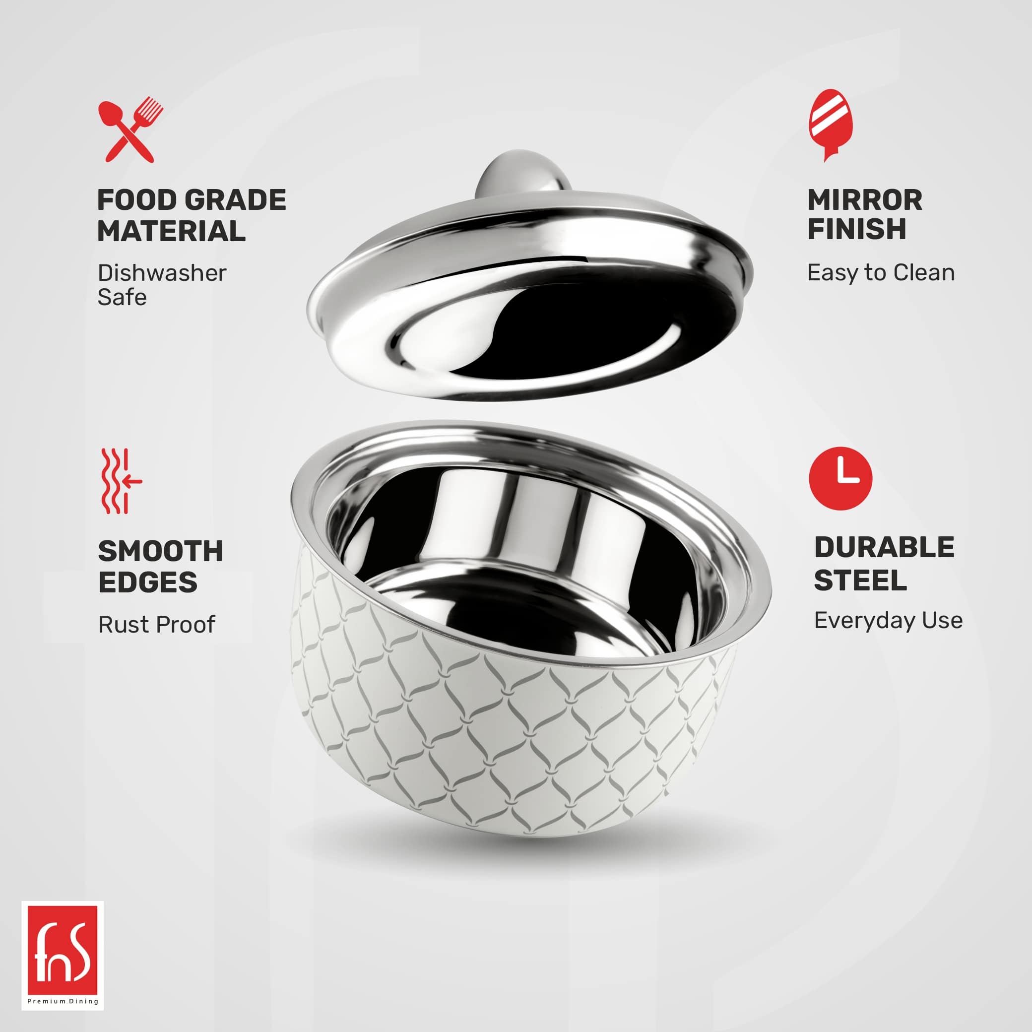 FNS Lecce Stainless Steel Casserole – Food Grade, Mirror Finish, Smooth Edges, Dishwasher Safe