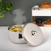 FnS Ebro Stainless Steel Casserole with steaming biryani, available in 1000ml, 1500ml, 2000ml and 3000ml