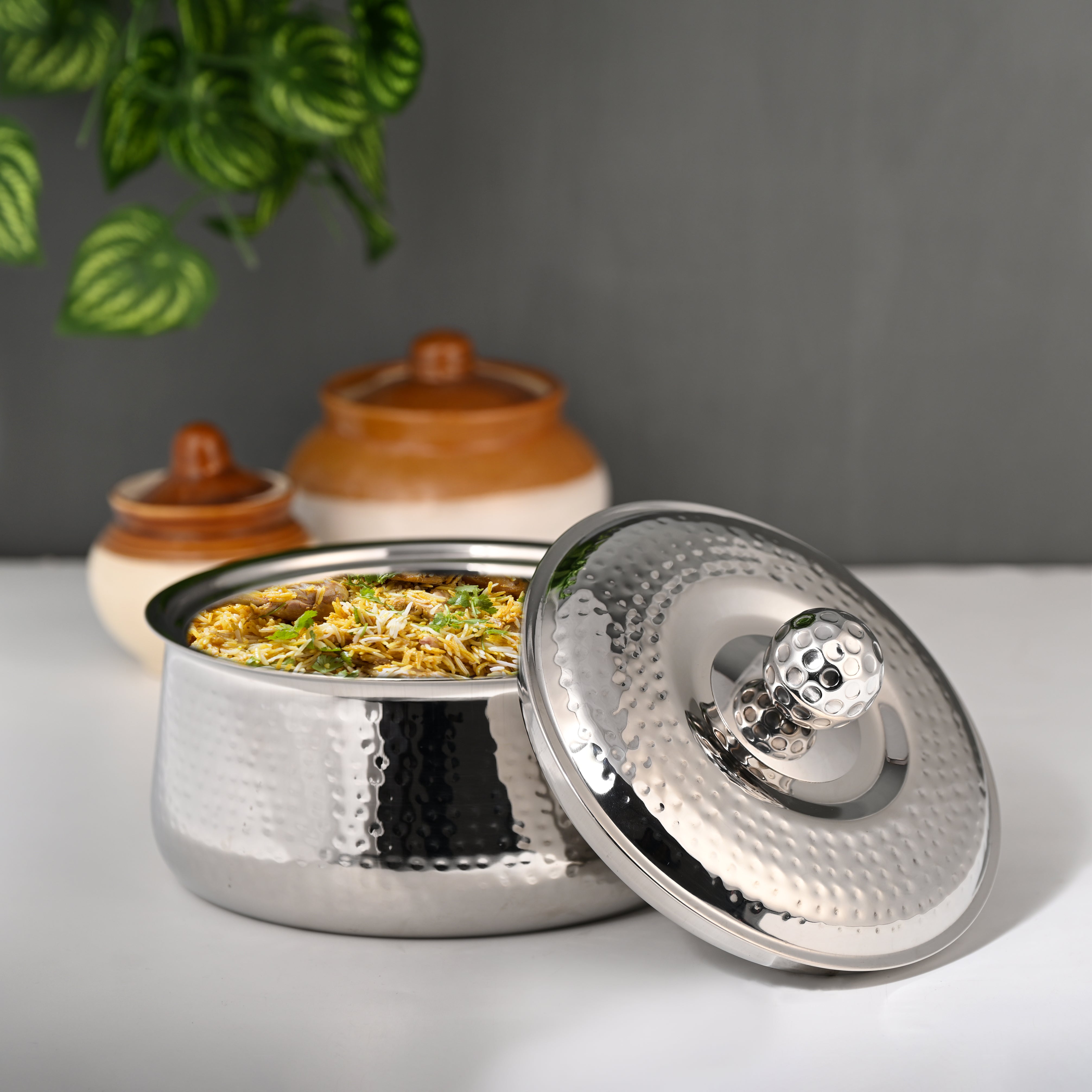 FnS Genoa Stainless Steel Casserole with steaming biryani, available in 850ml, 1600ml, 2200ml and 3000ml