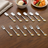 FnS Imperio ice-cream spoons and fruit forks set of 12 arranged on a walnut table with ice cream and a fresh fruit plate.