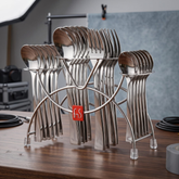 FnS Slim Line 24-piece stainless steel cutlery set with spoons and forks neatly arranged on a metallic hanging stand.