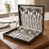 FnS Slim Line 18-piece stainless steel cutlery set with spoons and forks displayed in an open premium leatherette box.