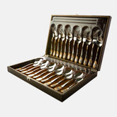 FnS Imperio 24 Karat gold plated 24 pcs stainless steel cutlery set with premium wooden box for elegant dining and gifting.