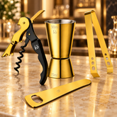 FnS 4 pcs Bar Tools Set in Gold Finish on the premium table.