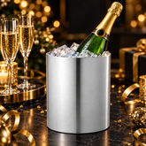 FnS Stainless Steel Wine Chiller Bucket 1 Liter holding a champagne bottle on a festive table with elegant party decor.