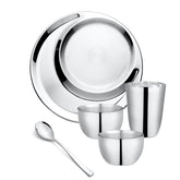 FnS Aristo Stainless Steel 5 Pcs Dinner Thali Set with plate, 2 bowls, glass and spoon in mirror finish for dining.