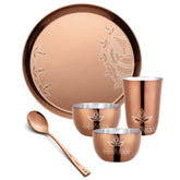 FnS Leheren Stainless Steel Rose Gold 5 Pcs Dinner Thali Set with plate, 2 bowls, glass and spoon for dining.