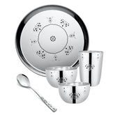 FnS Mandala Laser Design Stainless Steel 5 Pcs Dinner Thali Set with plate, bowls, glass and spoon for daily dining.