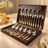 FnS Imperio 24 Karat gold plated 24 pcs stainless steel cutlery set with premium wooden box for elegant dining and gifting.