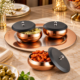 FnS Georgia 3-Pc Rose Gold Stainless Steel Serving Bowl Set with Tray
