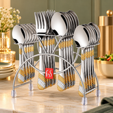 FnS Imperio 24 Pcs 24 Karat Gold Plated Cutlery set with Stand on the dining table and looking premium.