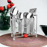 Montavo Creta 24-piece Stainless Steel Cutlery Set with Stand, featuring dinner spoons, forks, baby spoons and teaspoons in mirror finish.