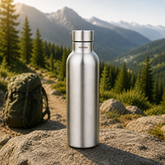 Montavo by FnS Mist 1 litre stainless steel water bottle with silver caps displayed on a scenic mountain trail