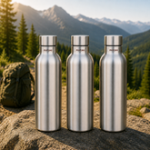 Montavo by FnS Mist 1 litre stainless steel water bottle set of 3 with silver caps displayed on a scenic mountain trail