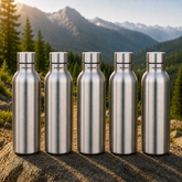 Montavo by FnS Mist 1 litre stainless steel water bottle set of 5 with silver caps displayed on a scenic mountain trail