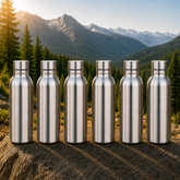 Montavo by FnS Mist 1 litre stainless steel water bottle set of 6 with silver caps displayed on a scenic mountain trail