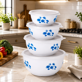 Montavo by FnS white stainless steel serving bowl set of 4 with lids and blue design displayed in a modern kitchen.