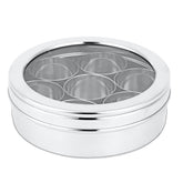 Montavo By FnS Stainless Steel Round Shape Spice Box/Organizer/Container with See Through Lid, 7 Container and 1 Small Spice Spoon (Masala Box)