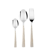 Sleek spoon, teaspoon, and fork with embossed handles displayed vertically against a pure white background.