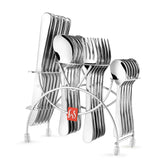 FNS 24-piece cutlery set in organized metal stand with polished spoons, forks, and knives.
