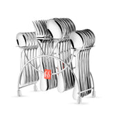 Complete silver cutlery set neatly organized in a stylish chrome stand with red FNS branding.