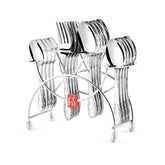Full Stainlessss steel cutlery collection with engraved handles neatly organized on a modern metal stand.